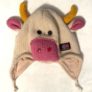 KP Design Norway Knit 100% Wool Fleece Lined Cow Bull Winter Hat OS Kids Unisex